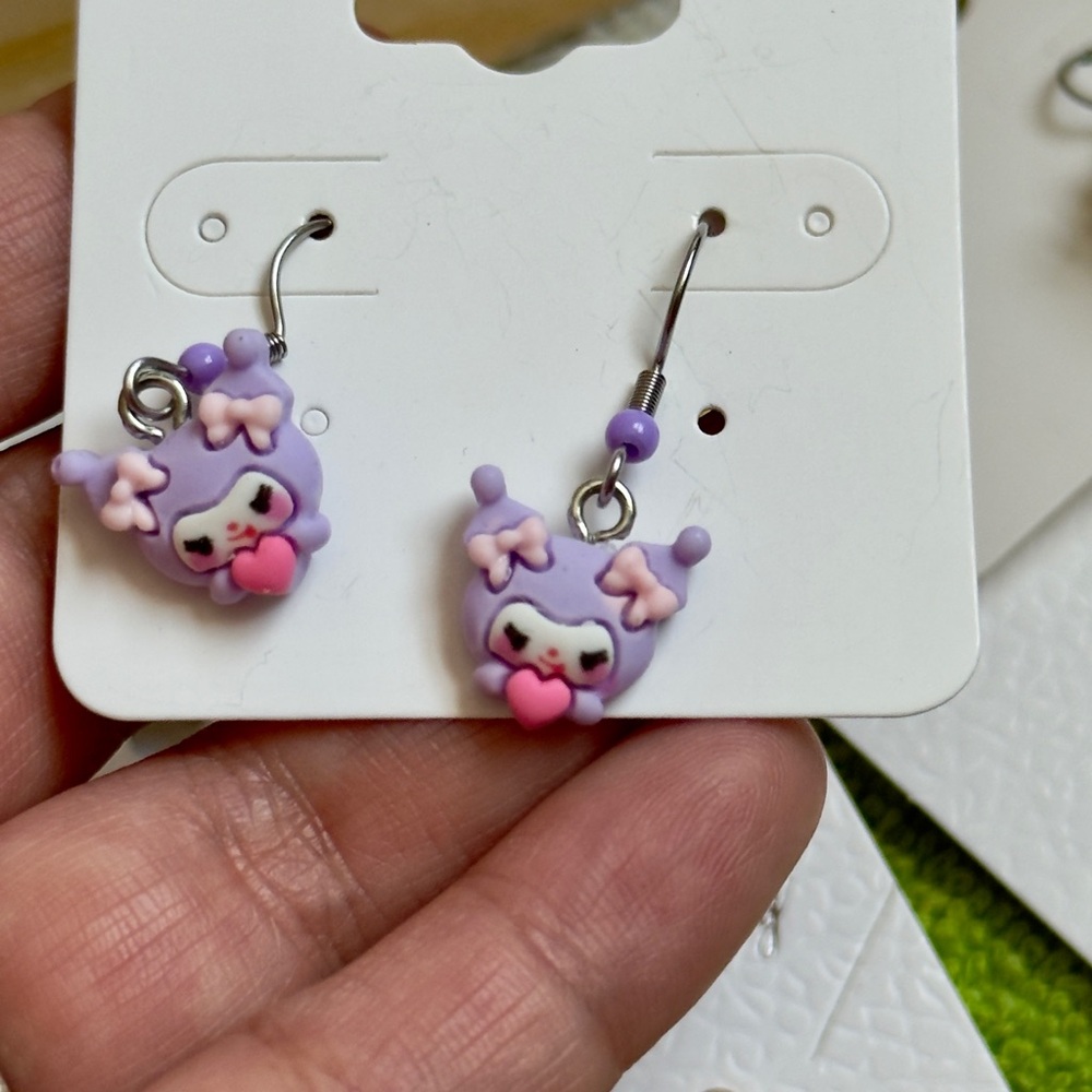Purple Character Heart Dangle Earrings for Kids